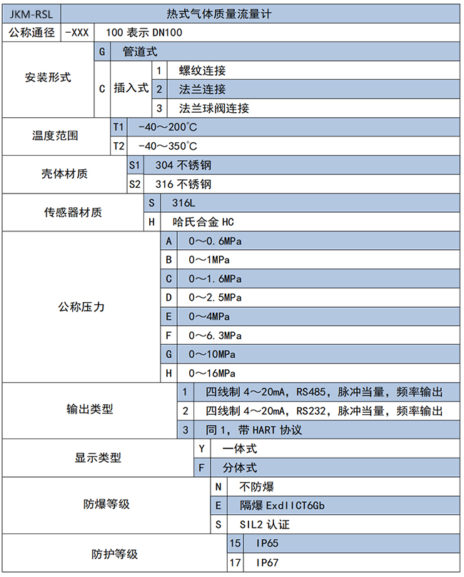 一體型熱式氣體質量流量計選項表